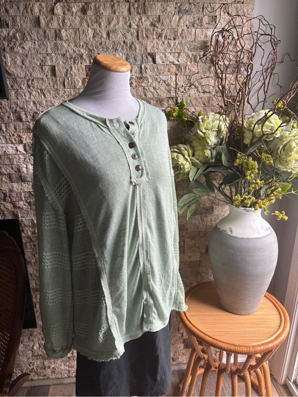 POL Light Sage Henley Long-Sleeve Knit Top